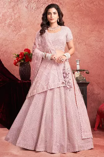 Pink Mirror Zarkan Hand Work Net Lehenga