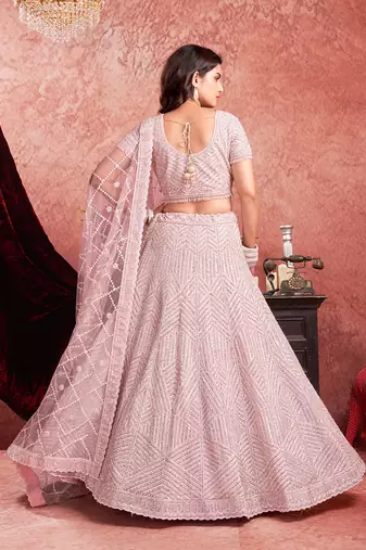 Pink Mirror Zarkan Hand Work Net Lehenga
