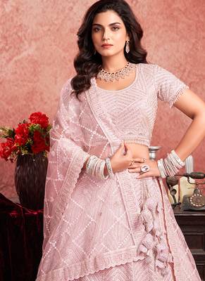 Pink Mirror Zarkan Hand Work Net Lehenga 3