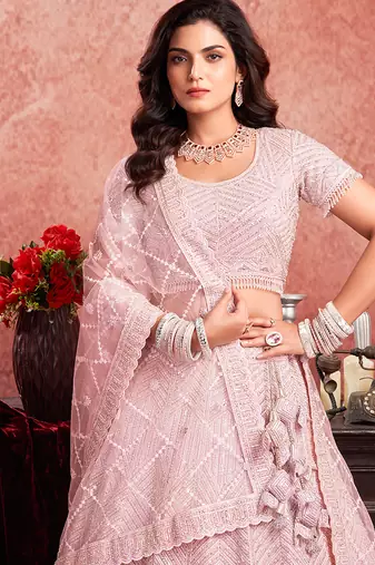 Pink Mirror Zarkan Hand Work Net Lehenga
