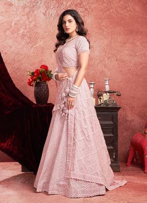 Pink Mirror Zarkan Hand Work Net Lehenga 4