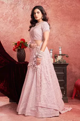 Pink Mirror Zarkan Hand Work Net Lehenga