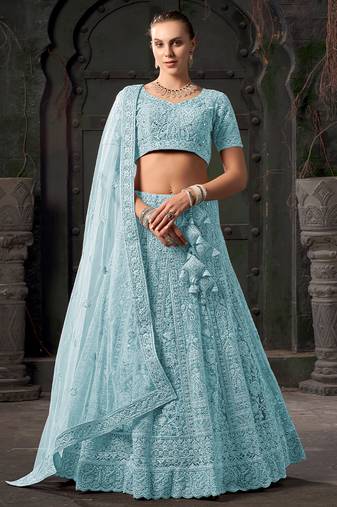 Sky Blue Mirror Zarkan Net Lehenga