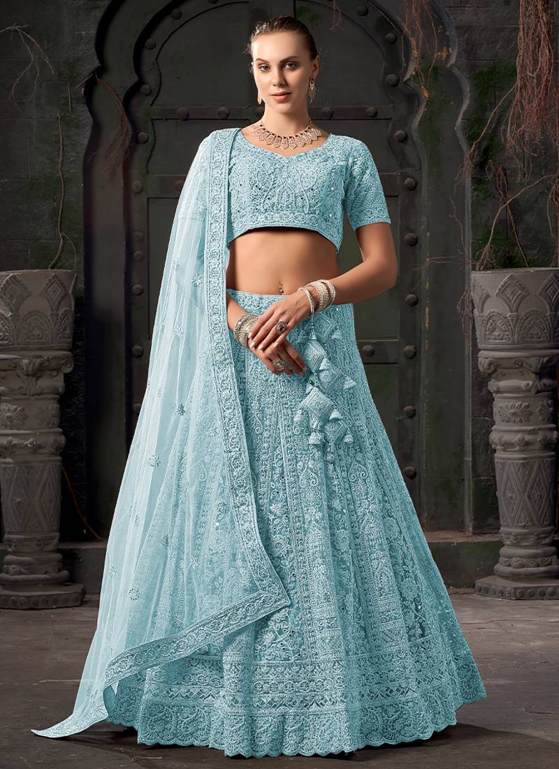 Sky Blue Mirror Zarkan Net Lehenga