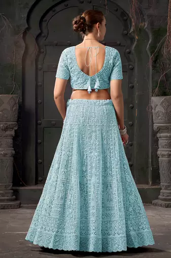 Sky Blue Mirror Zarkan Net Lehenga
