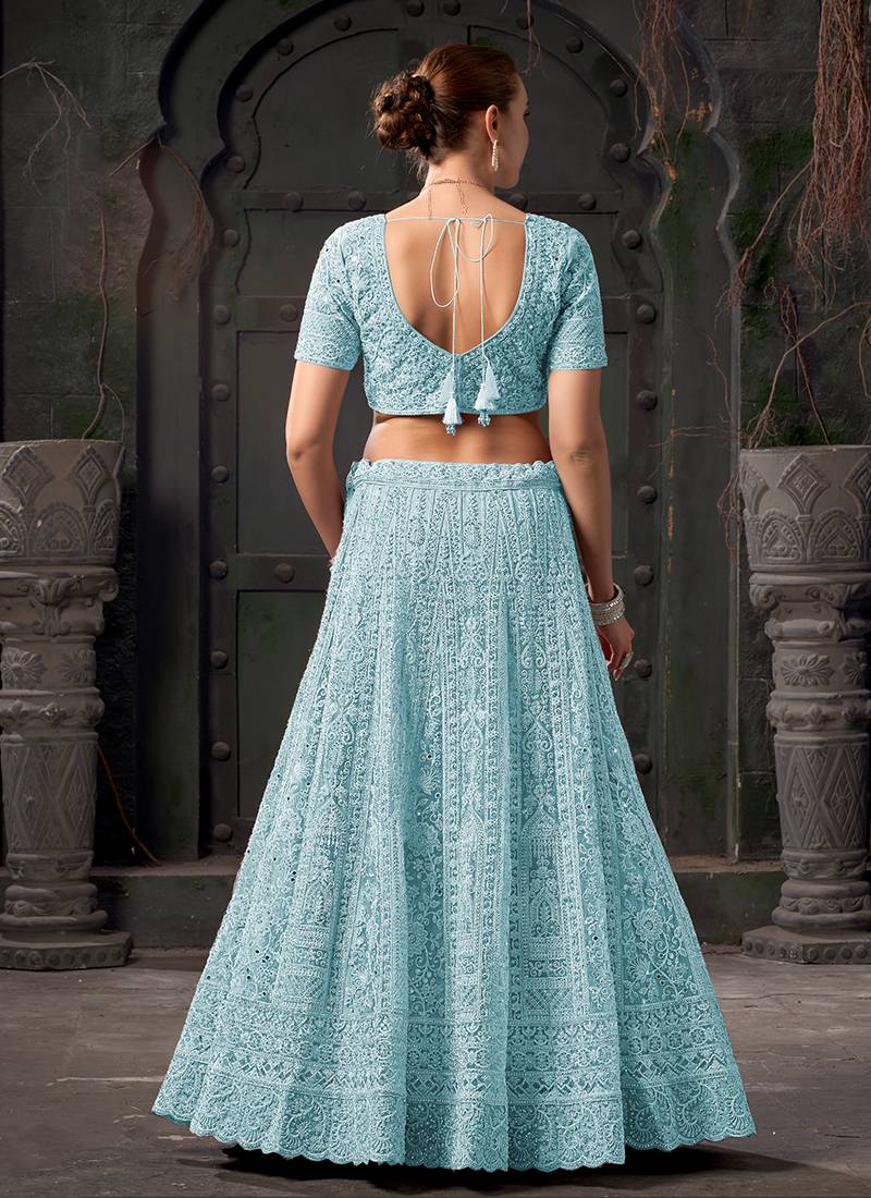 Sky Blue Mirror Zarkan Net Lehenga