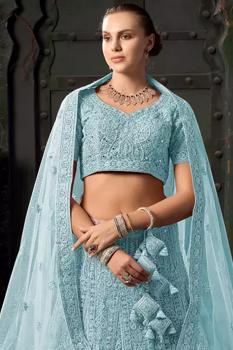 Sky Blue Mirror Zarkan Net Lehenga
