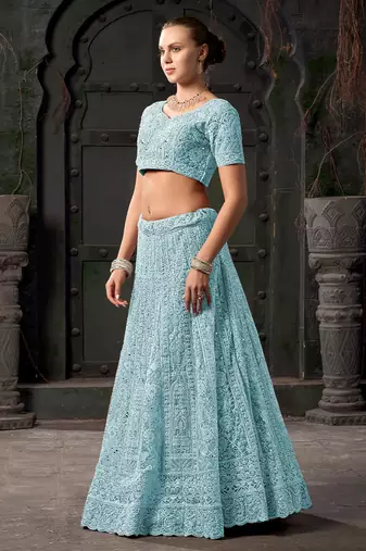 Sky Blue Mirror Zarkan Net Lehenga