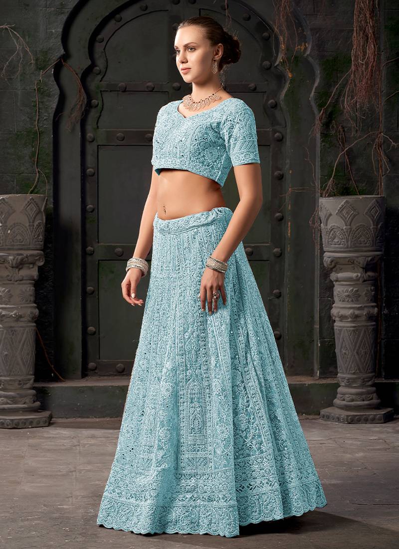 Sky Blue Mirror Zarkan Net Lehenga