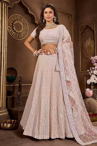 Baby Pink Mirror Zarkan & Codding Net Lehenga