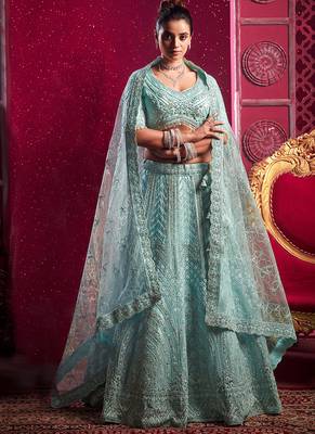 Sky Blue Codding & Sequqnce Wrok Net Lehenga 1