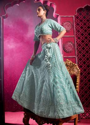 Sky Blue Codding & Sequqnce Wrok Net Lehenga 3