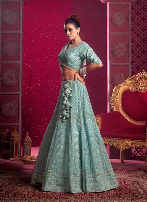 Sky Blue Codding & Sequqnce Wrok Net Lehenga 4