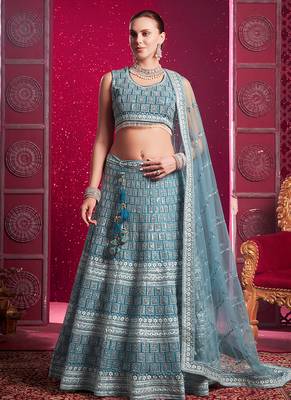 Blue Codding & Sequqnce Wrok Net Lehenga 1