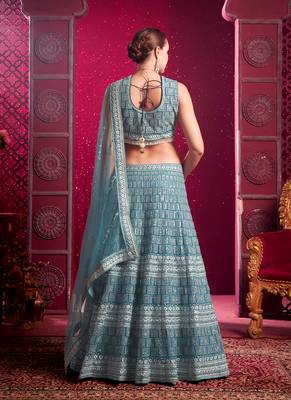 Blue Codding & Sequqnce Wrok Net Lehenga 2