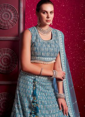 Blue Codding & Sequqnce Wrok Net Lehenga 3