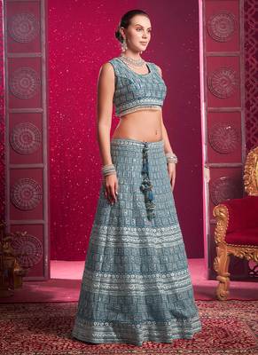 Blue Codding & Sequqnce Wrok Net Lehenga 4