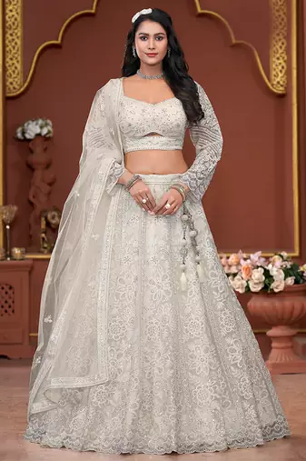 Off White Zarkan Premium Net  Lehenga