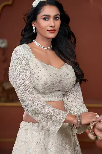 Off White Zarkan Premium Net  Lehenga