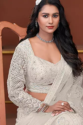 Off White Zarkan Premium Net  Lehenga