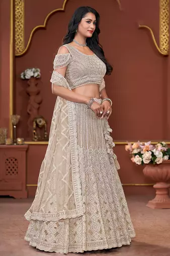 Chiku Mirror & Sequence Zarkan Premium Net  Lehenga