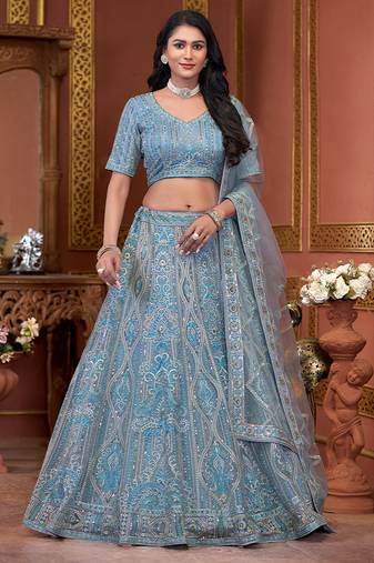 Sky Blue Zarkan Premium Net  Lehenga