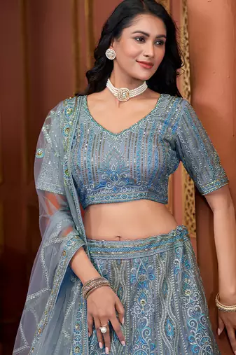 Sky Blue Zarkan Premium Net  Lehenga