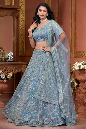 Sky Blue Zarkan Premium Net  Lehenga