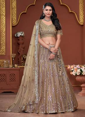 Beige Sequence & Zarkan Premium Net  Lehenga 1