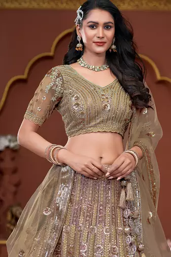 Beige Sequence & Zarkan Premium Net  Lehenga