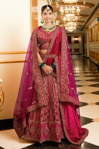 Pink Embroidered Velvet With double dupatta Lehenga