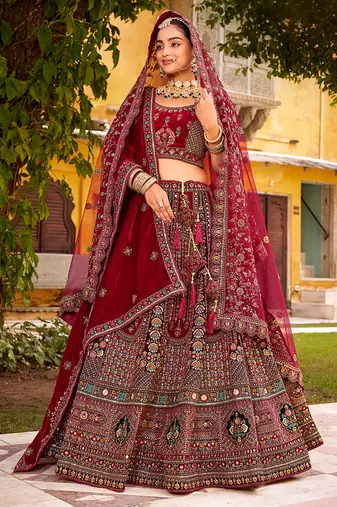 Maroon Embroidered & Zarkan Silk With double dupatta Lehenga