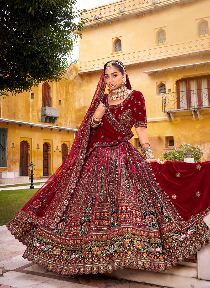 Maroon Embroidered & Zarkan Silk With double dupatta Lehenga