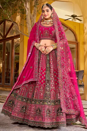 Pink rani Embroidered & Zarkan Silk With double dupatta Lehenga