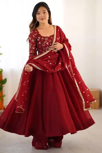 Maroon crunchy silk anarkali with bottom & dupatta set
