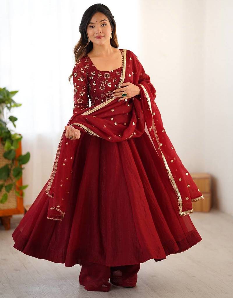 Maroon crunchy silk anarkali with bottom & dupatta set