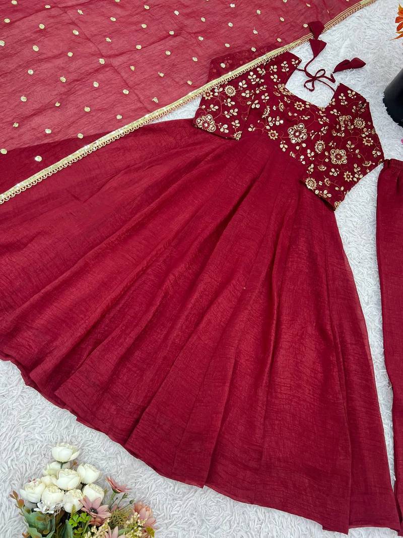 Maroon crunchy silk anarkali with bottom & dupatta set