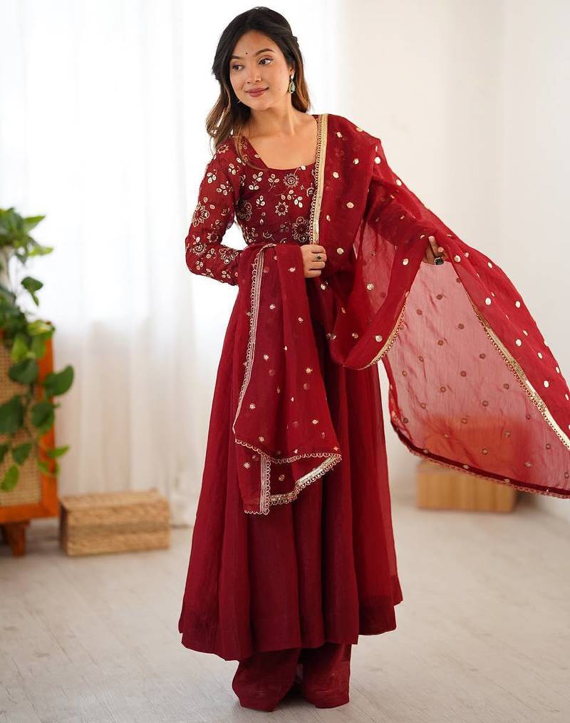 Maroon crunchy silk anarkali with bottom & dupatta set