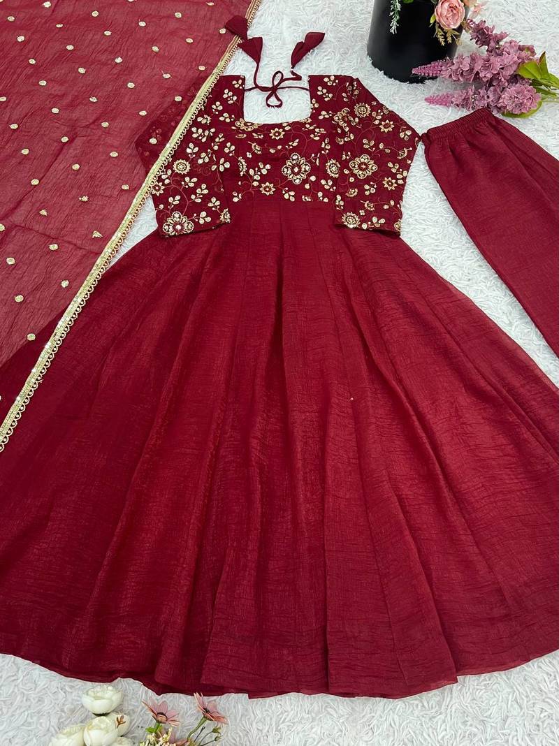 Maroon crunchy silk anarkali with bottom & dupatta set