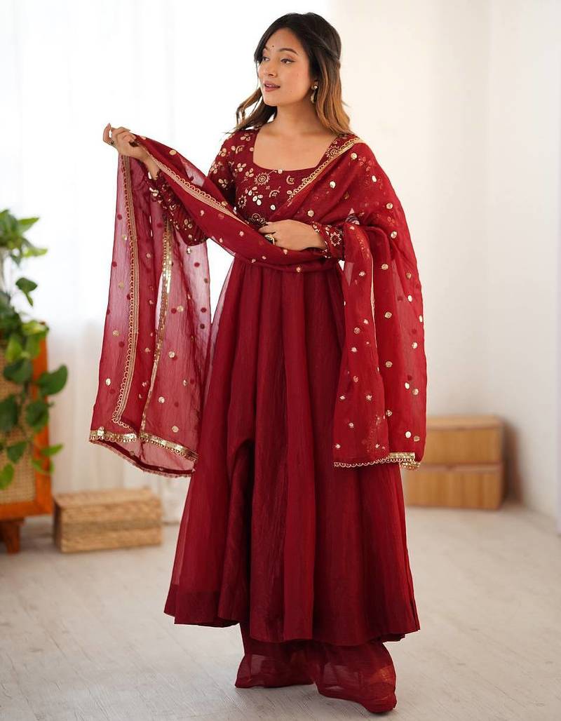 Maroon crunchy silk anarkali with bottom & dupatta set