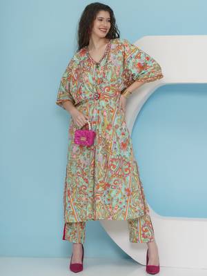 Women sea green hand embellished crepe set 1