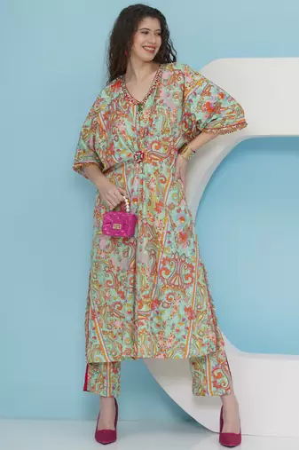 Women sea green hand embellished crepe set