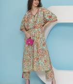 Women sea green hand embellished crepe set