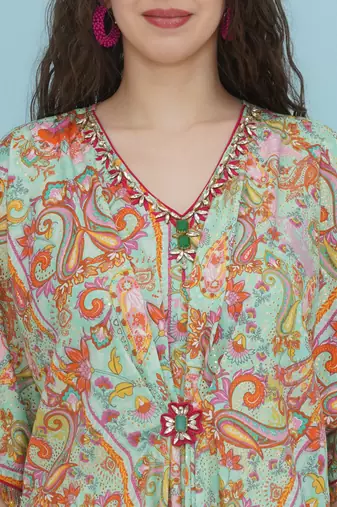 Women sea green hand embellished crepe set