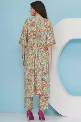 Women sea green hand embellished crepe set