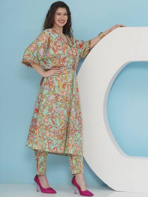 Women sea green hand embellished crepe set 5