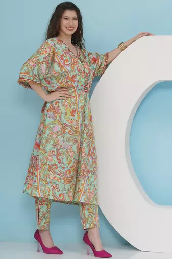 Women sea green hand embellished crepe set