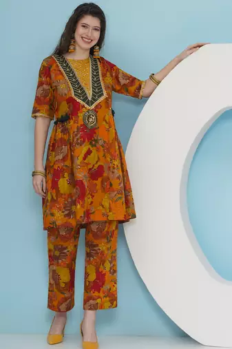 Women mustard hand embellised set