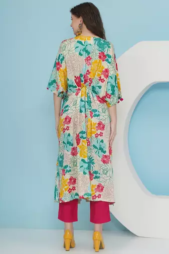 Women white printed tie knot choga set