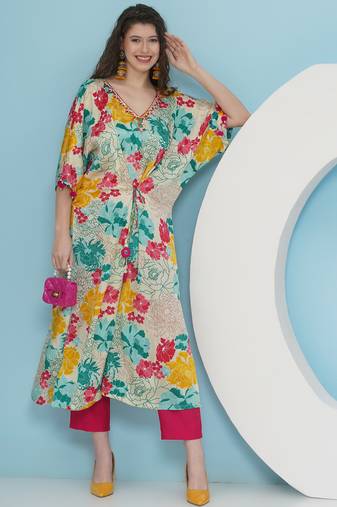 Women white printed tie knot choga set